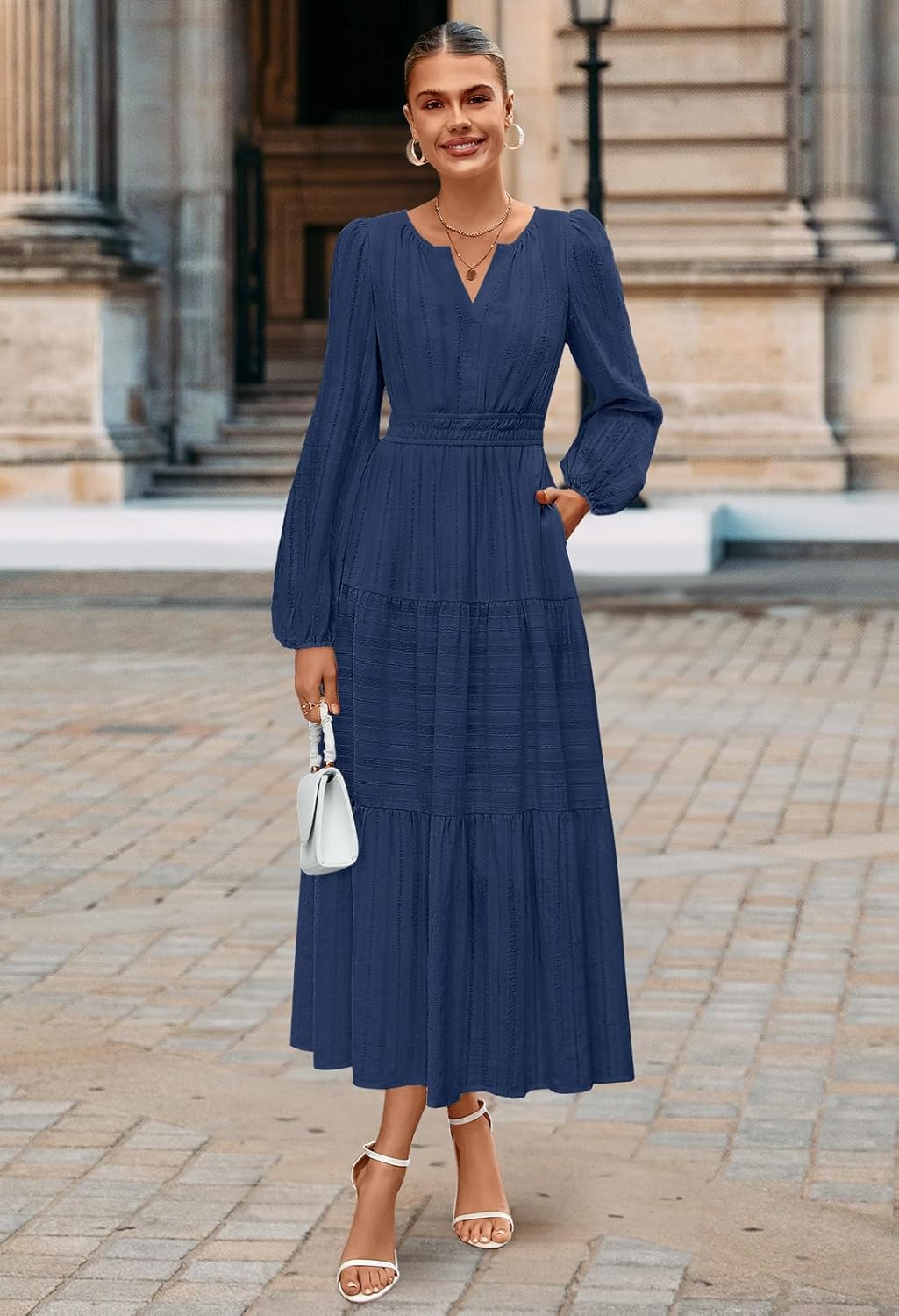MEROKEETY Spring Summer Midi Dresses for Women 2026 Fall Casual Vacation Long Sleeve V Neck Tiered Cotton Maxi Dress Pockets - Image 4