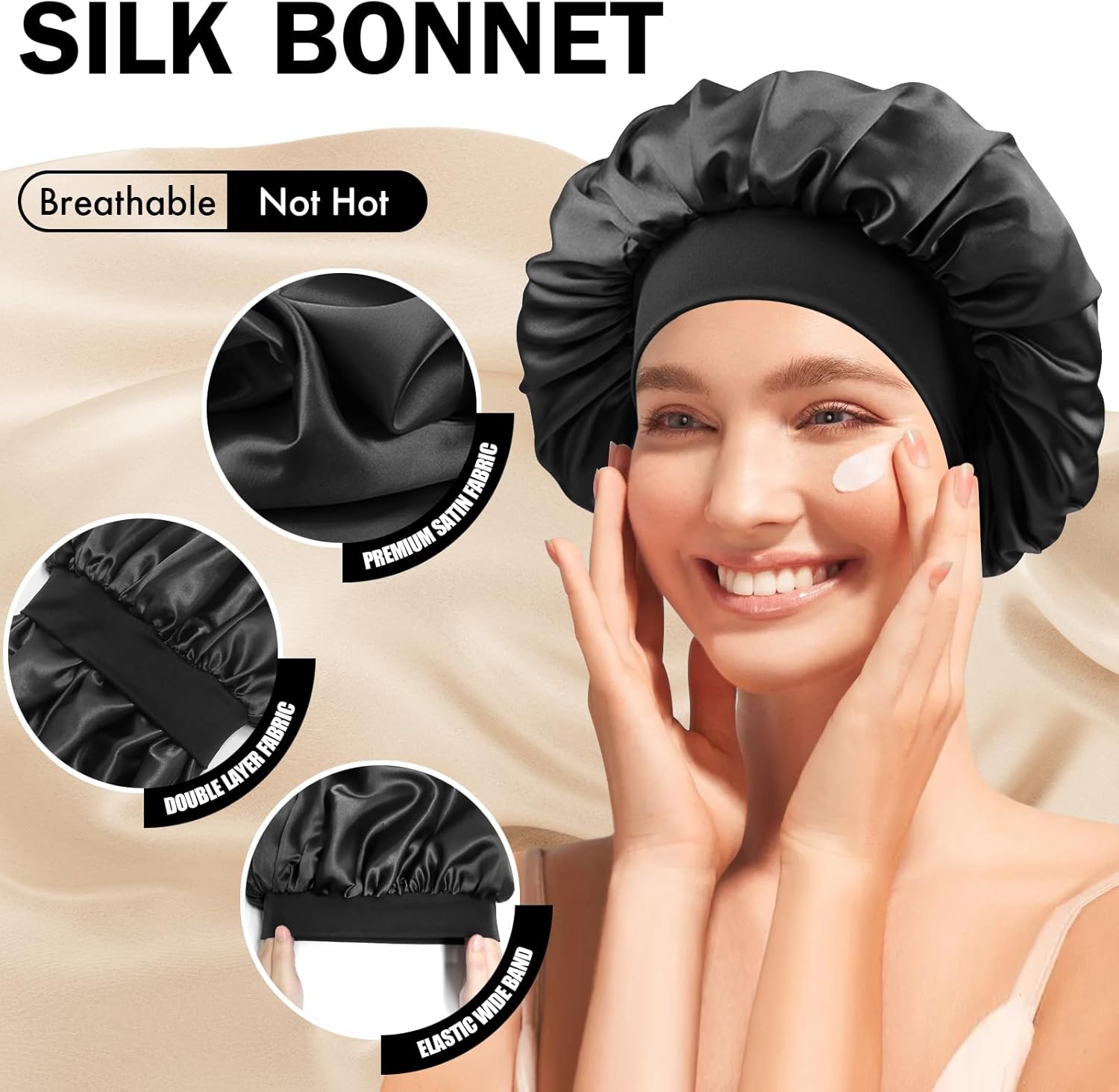 Satin Silk Bonnet for Sleeping, Double Layer Silk Sleep Cap for Men & Women, Soft Satin Lined Bonnet for Curly Hair - Image 3