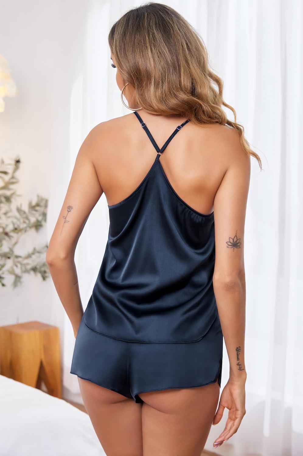 Ekouaer Silk Pajamas Set for Women Satin Lingerie Pjs Cami Top and Shorts Soft 2 Piece Nightwear - Image 5
