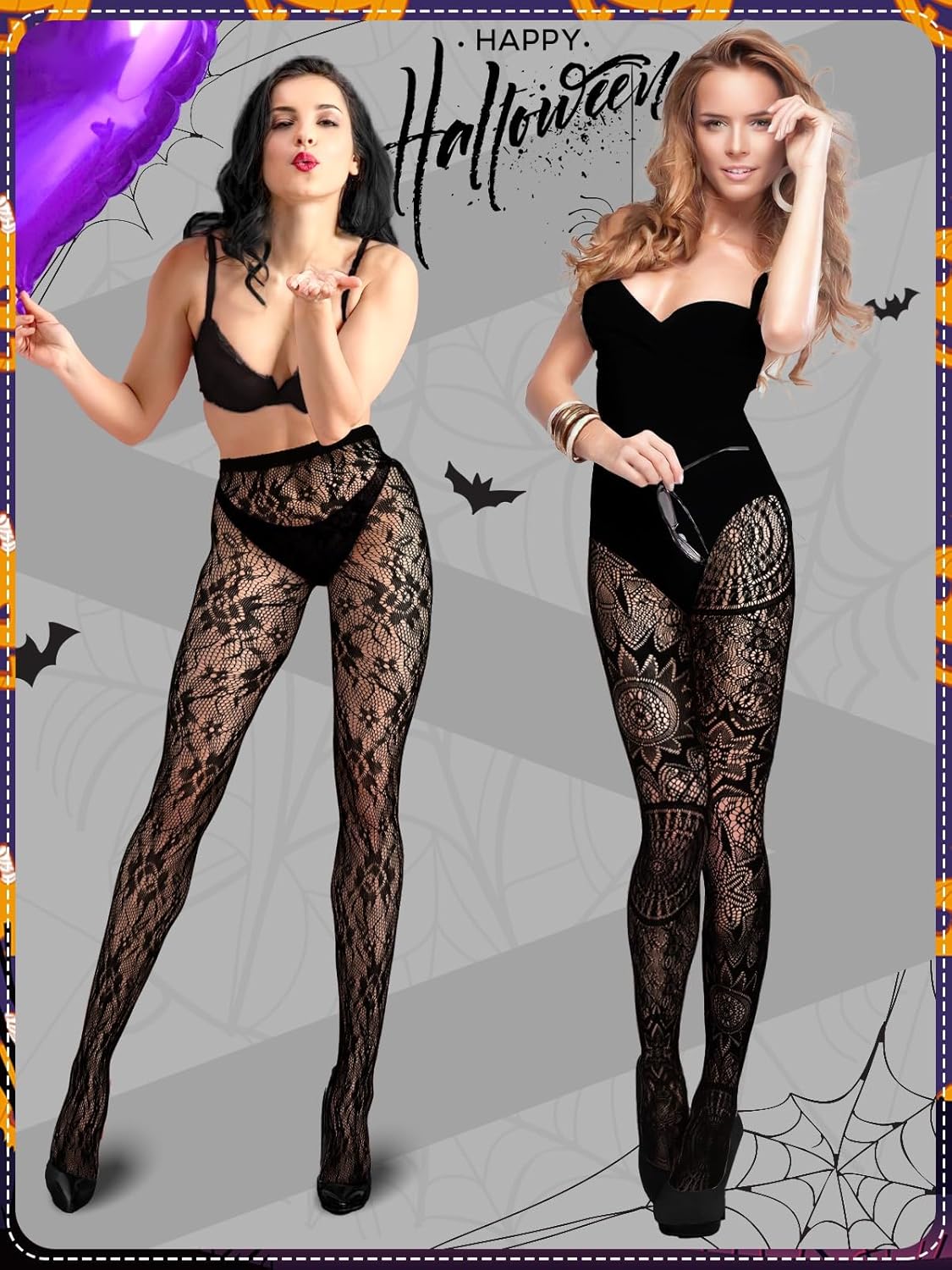 3 Pairs Black Stars Floral Tight Legging Lace Patterned Fishnet Tights Small Hole High Pantyhose Waist for Halloween - Image 3