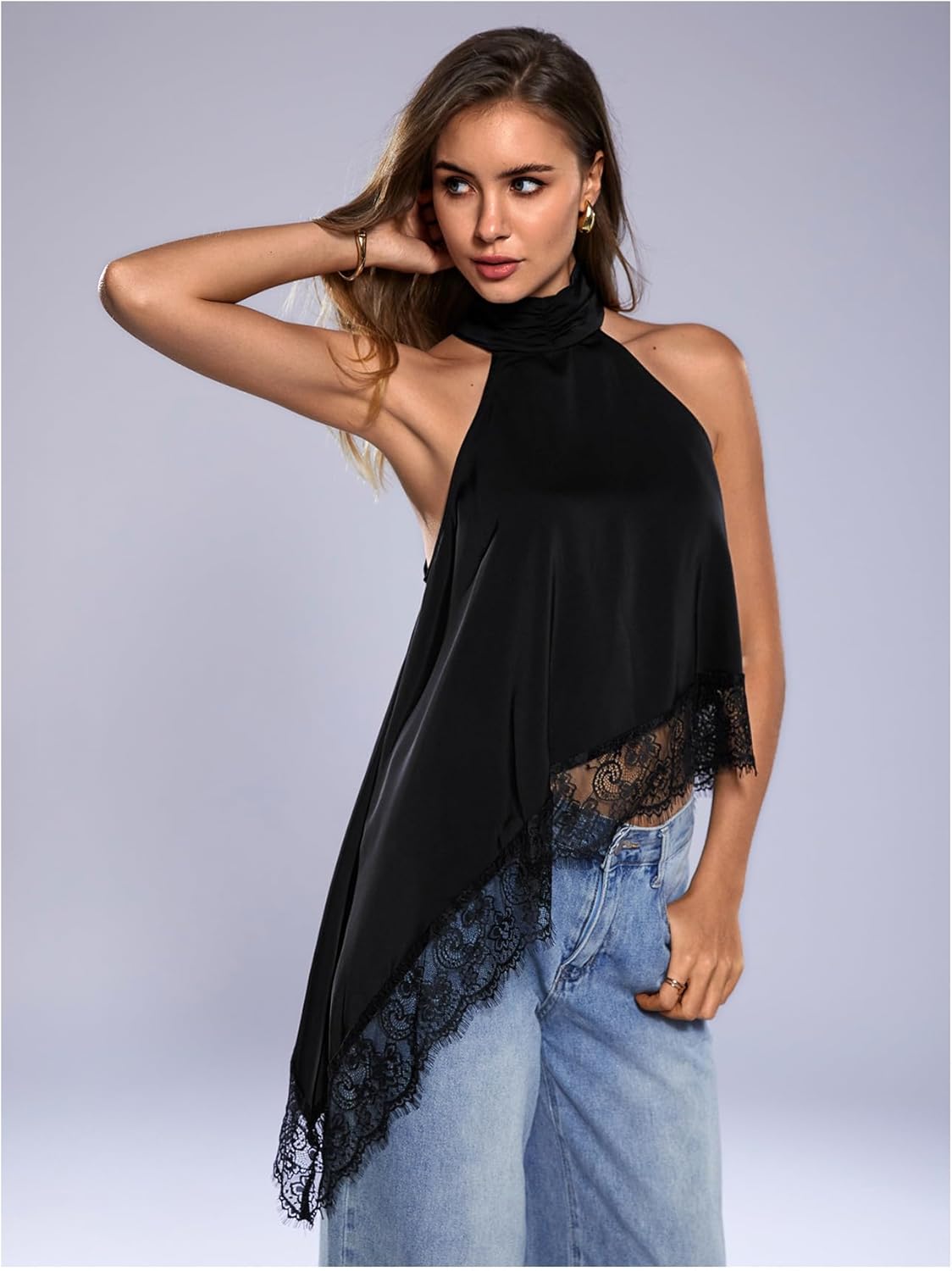 Milumia Women's Halter Neck Sleeveless Top Lace Asymmetrical Hem Summer Going Out Tank Tops - Image 4