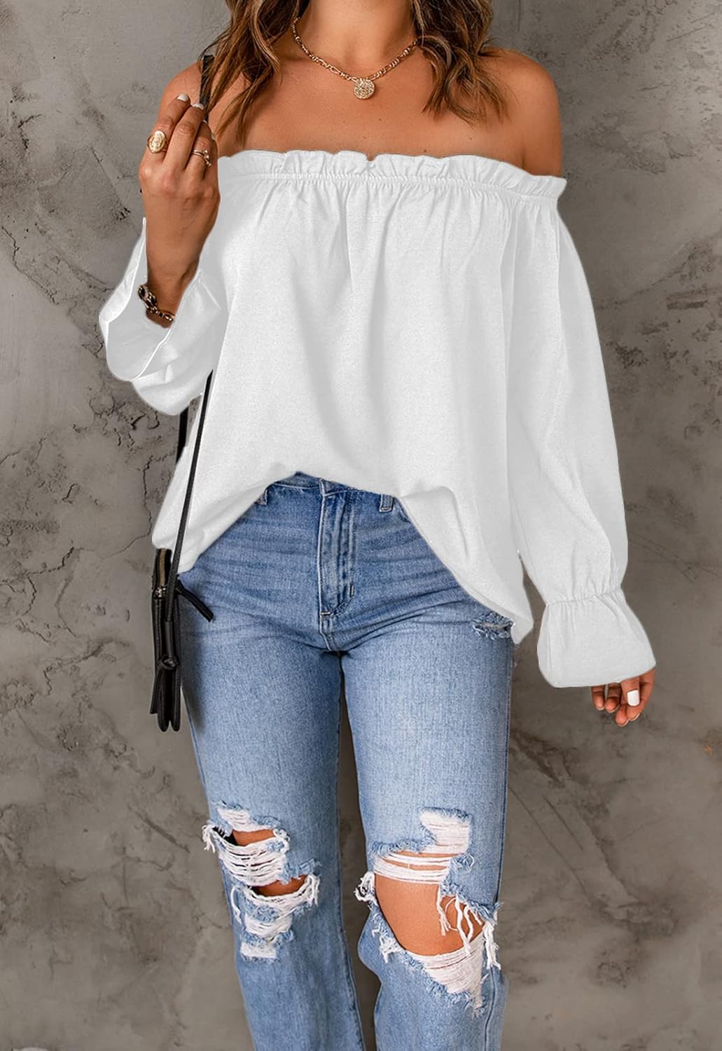 Spriolim Women's Off Shoulder Top Ruffle Long Sleeve Chiffon Blouse Casual Loose Shirts - Image 3