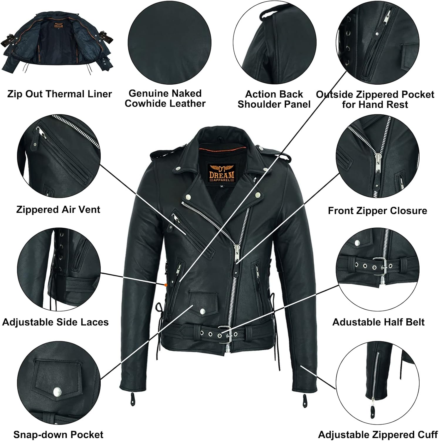 Dream Apparel Women’s Classic Leather Motorcycle Jacket with Zip Out Lining, Biker Jacket for Ladies with Side Laces, Black - Image 3