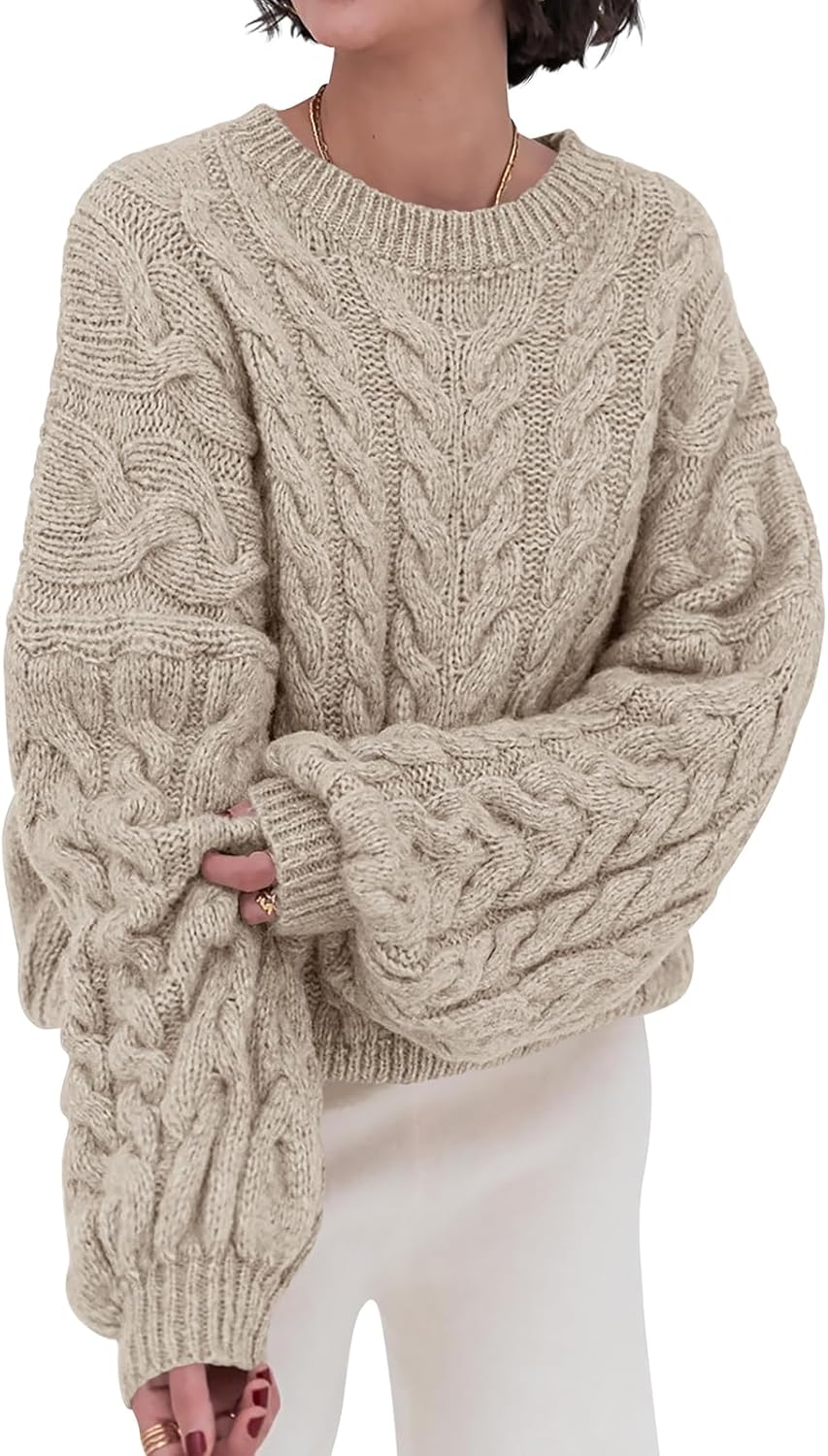 PRETTYGARDEN Womens Sweaters Spring 2026 Cable Knit Long Sleeve Crewneck Oversized Sweater Chunky Pullover Loose Outfits