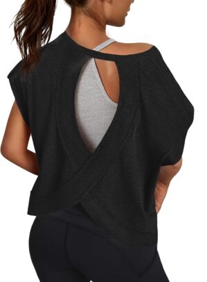 Women Open Back Workout Shirts Shor...