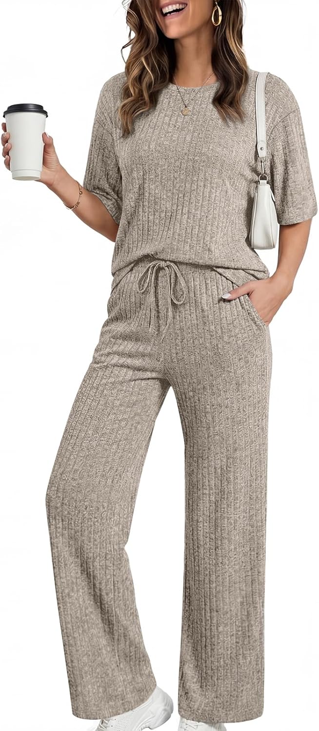 Addtoo Womens 2 Piece Lounge Sets 2026 Short Sleeve Ribbed Knit Pajamas with Pockets - Image 3