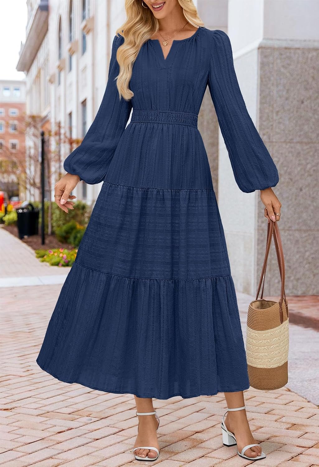 MEROKEETY Spring Summer Midi Dresses for Women 2026 Fall Casual Vacation Long Sleeve V Neck Tiered Cotton Maxi Dress Pockets - Image 2