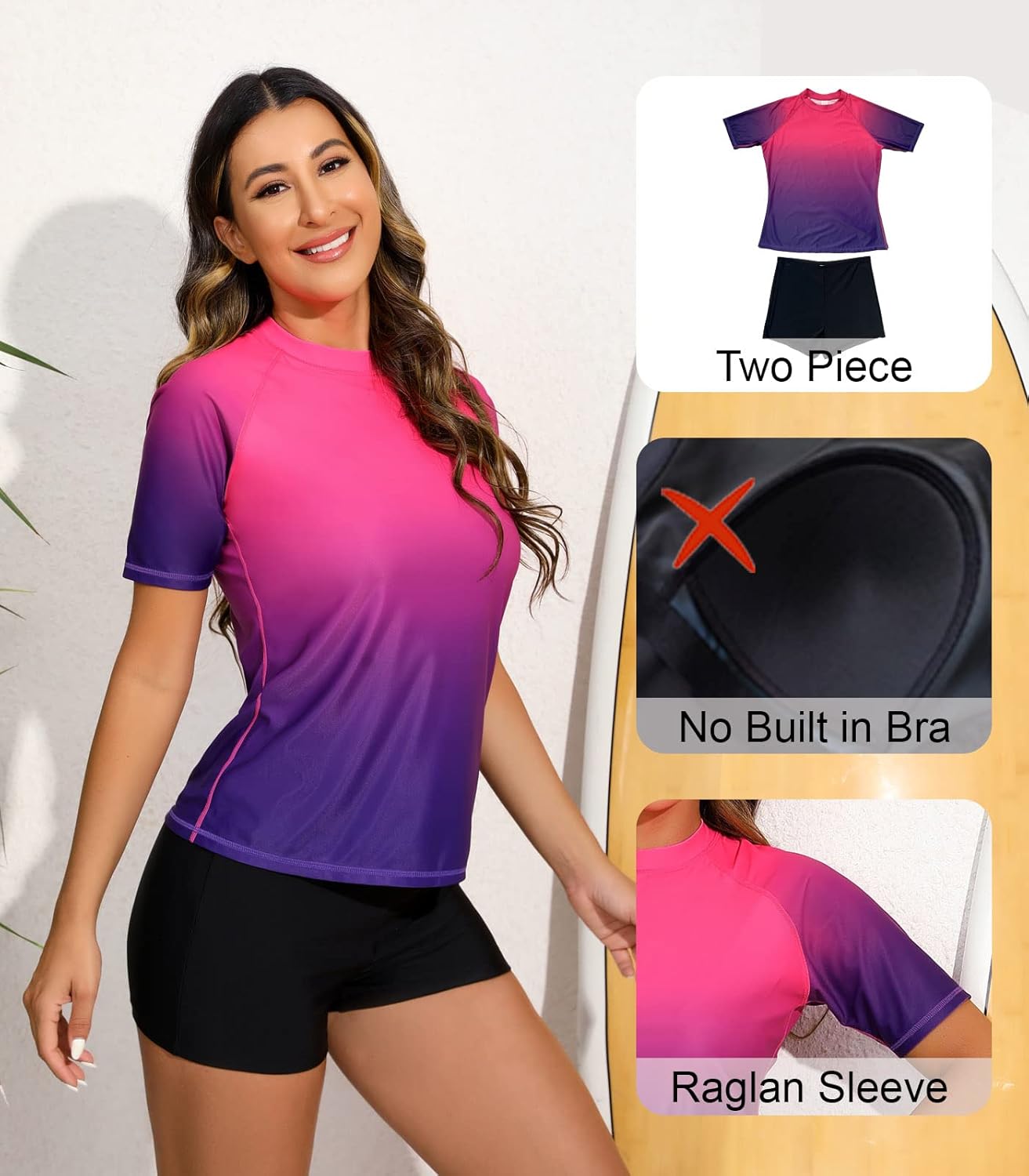 Halcurt Women Short Sleeve Two Piece Rash Guard Set UPF 50 Swim Shirt with Board Shorts - Image 4