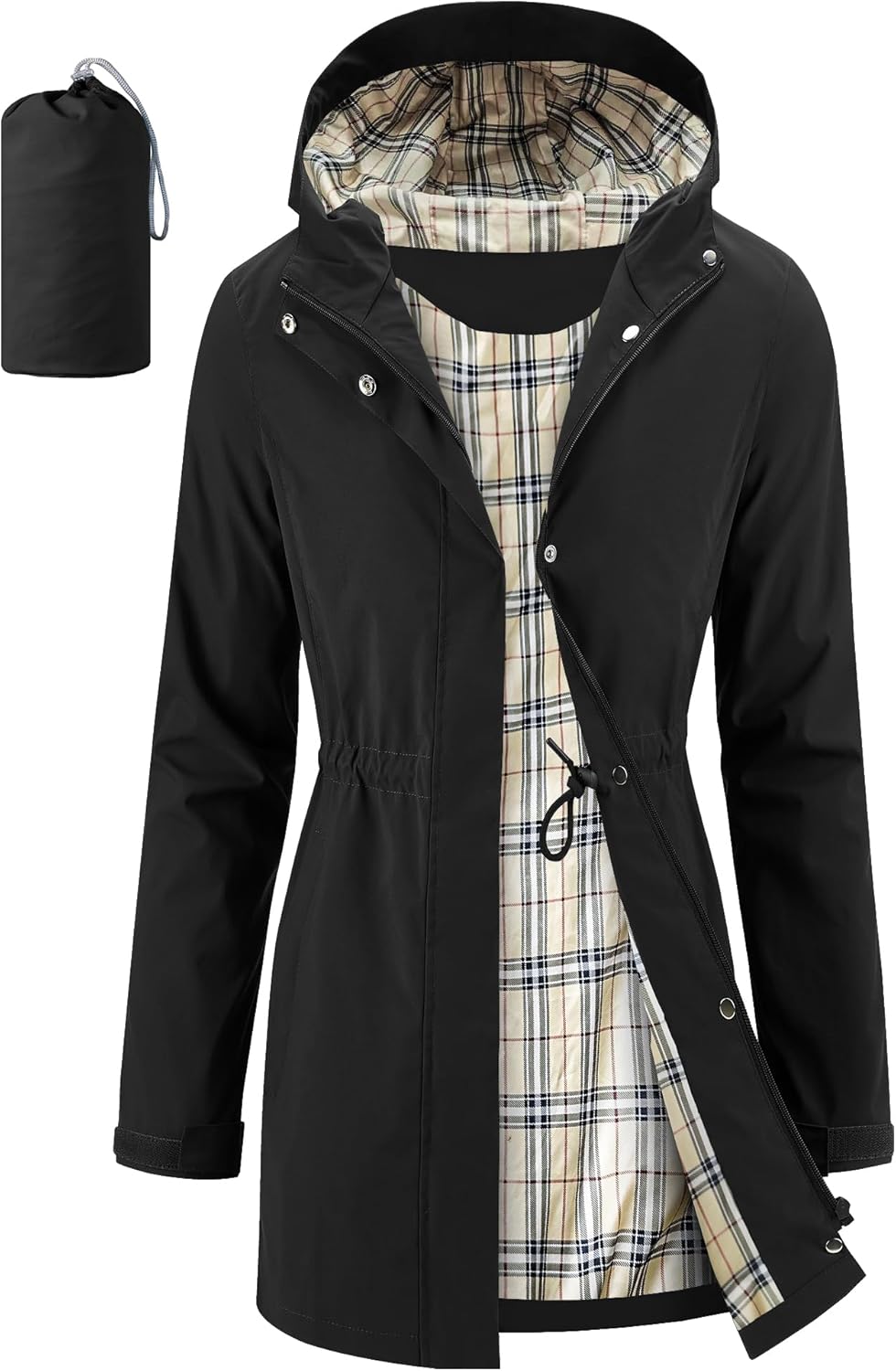 iCreek Women's Rain Jacket Packable Long Raincoat Hooded Plaid Lined Trench Coat Waterproof Windproof Lightweight for Outdoor