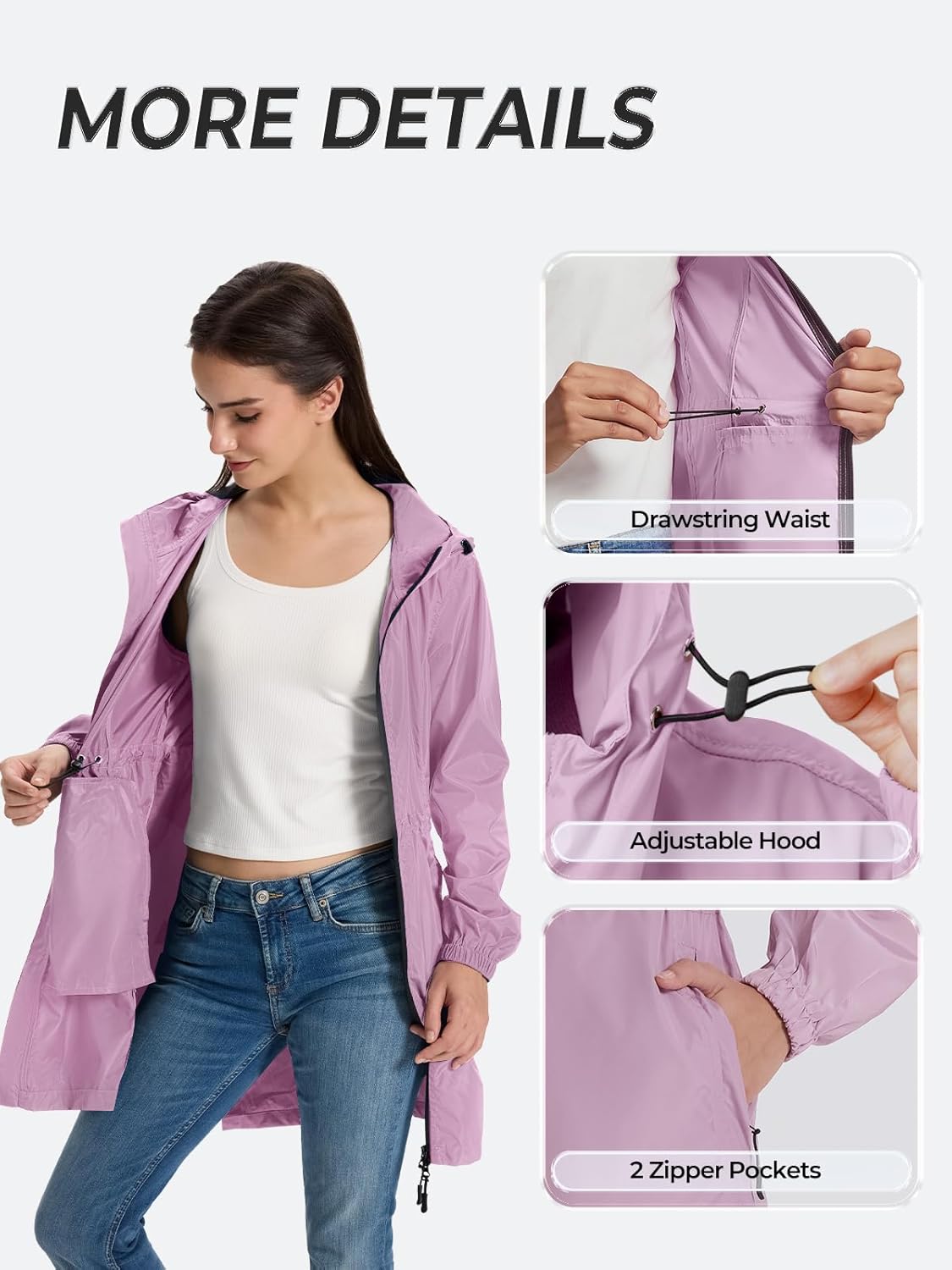 SaphiRose Women's Long Packable Raincoat Waterproof Rain Jacket Lightweight Outdoor Windbreaker with Hood - Image 6