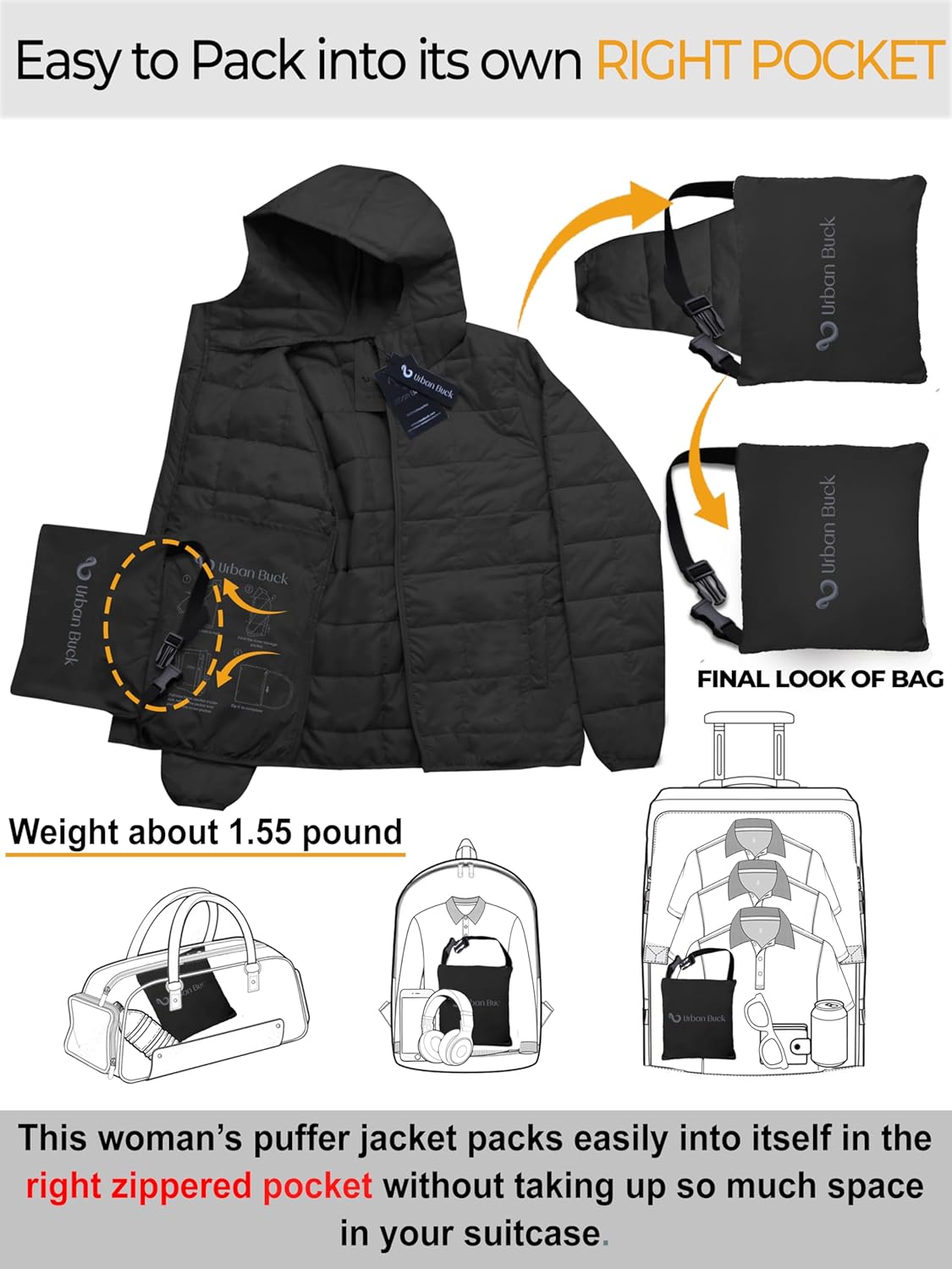 URBAN BUCK Packable Puffer Jacket Women with Hood – 32 Degree Lightweight Quilted Winter Puff Foldable Jacket for Women - Image 5