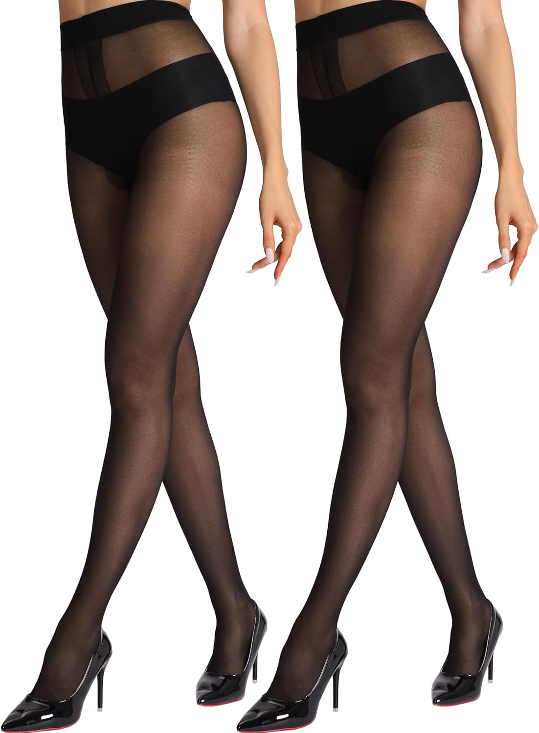 HONENNA Sheer Tights for Women 2 Pairs Ultra Thin Reinforced T Crotch Control Top Pantyhose Stockings