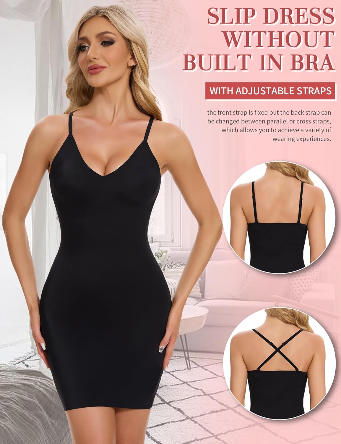 SLIMBELLE Shapewear Slips For Under Dress Deep V Neck Adjustable Strap Tummy Control Full Slip Seamless Shaper For Women - Image 3