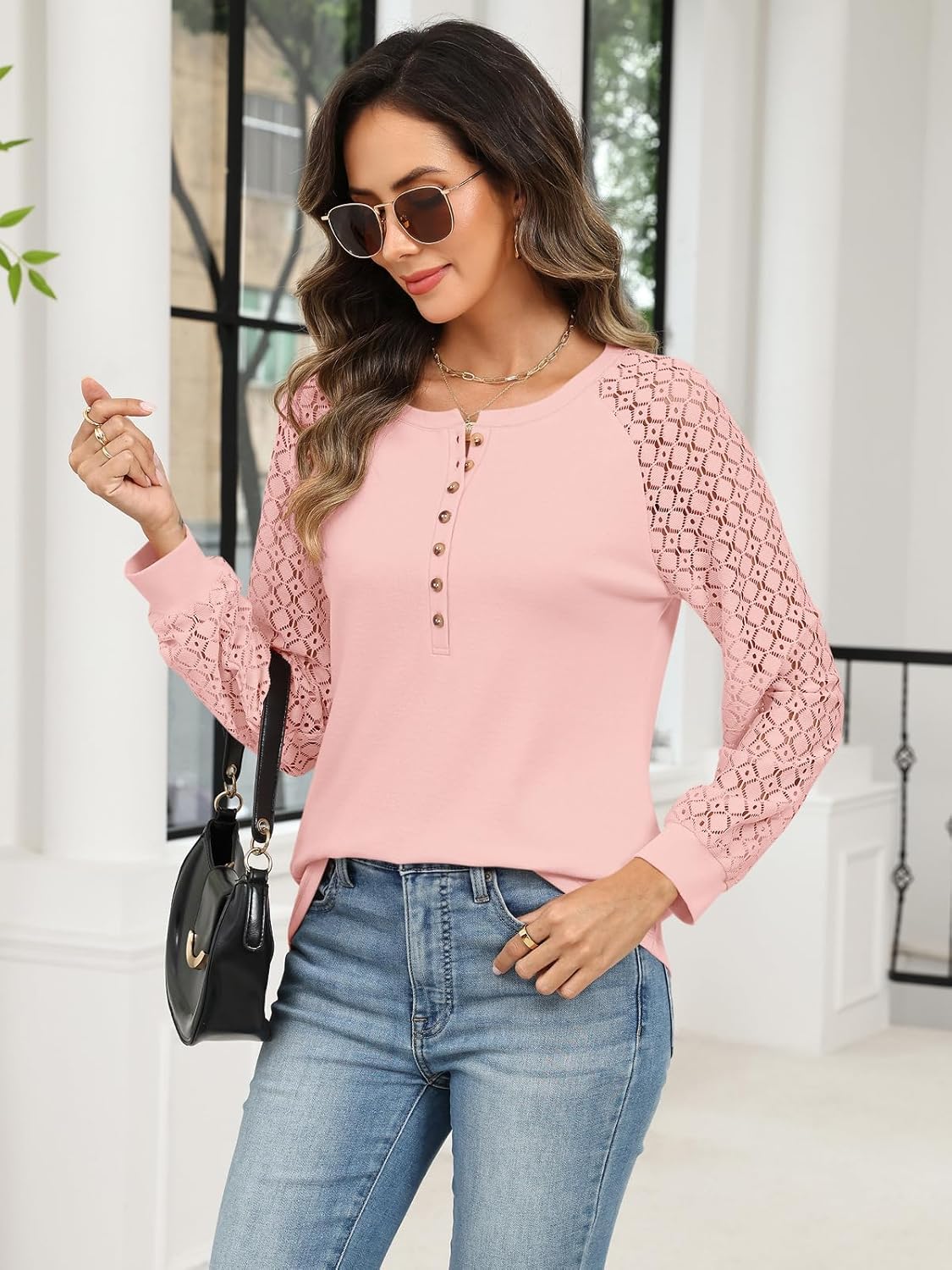 Minetom Women's Lace Long Sleeve Tops Henley Shirts Casual Blouses T Shirts Fall Clothes - Image 4