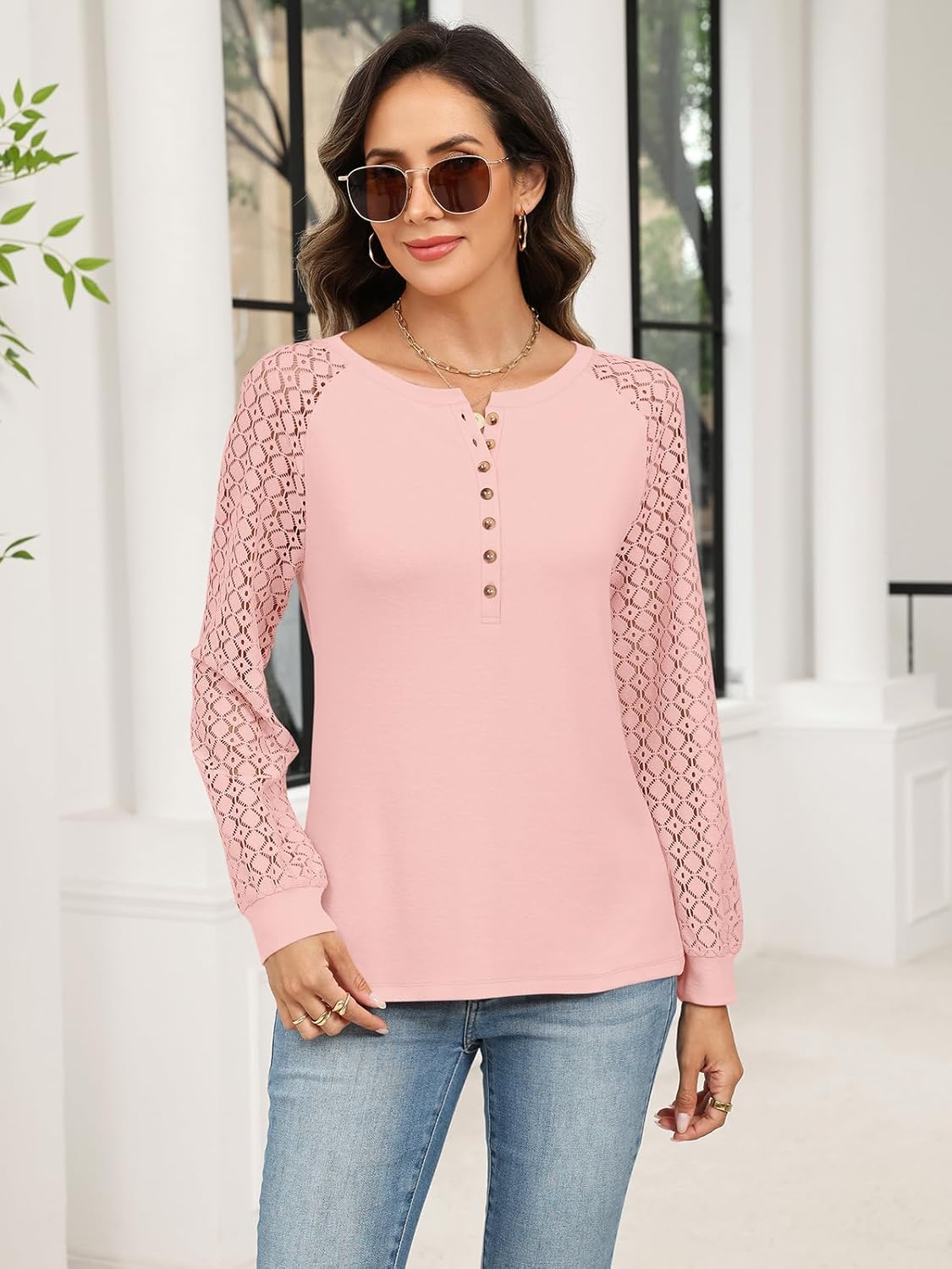 Minetom Women's Lace Long Sleeve Tops Henley Shirts Casual Blouses T Shirts Fall Clothes - Image 2