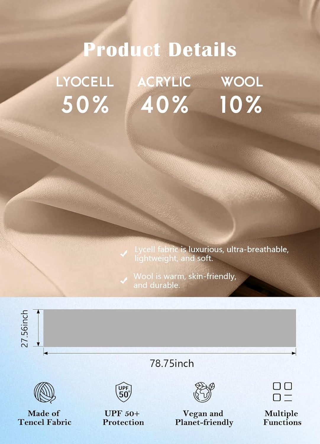 Women's Wool Blend Travel Scarf Lightweight Breathable Wrap Pashmina Airplane Blanket Shawl - Image 5