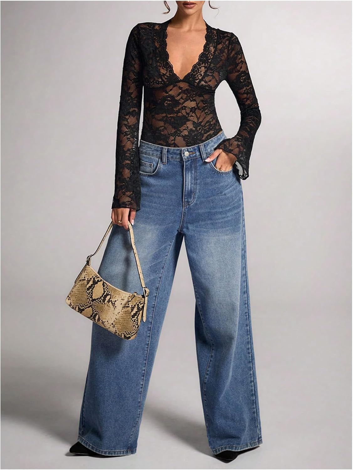 OYOANGLE Women's Mesh Sheer Floral Lace Bodysuits Deep V Neck Bell Long Sleeves Leotards Bodysuit Top Slim Fit Jumpsuit - Image 3