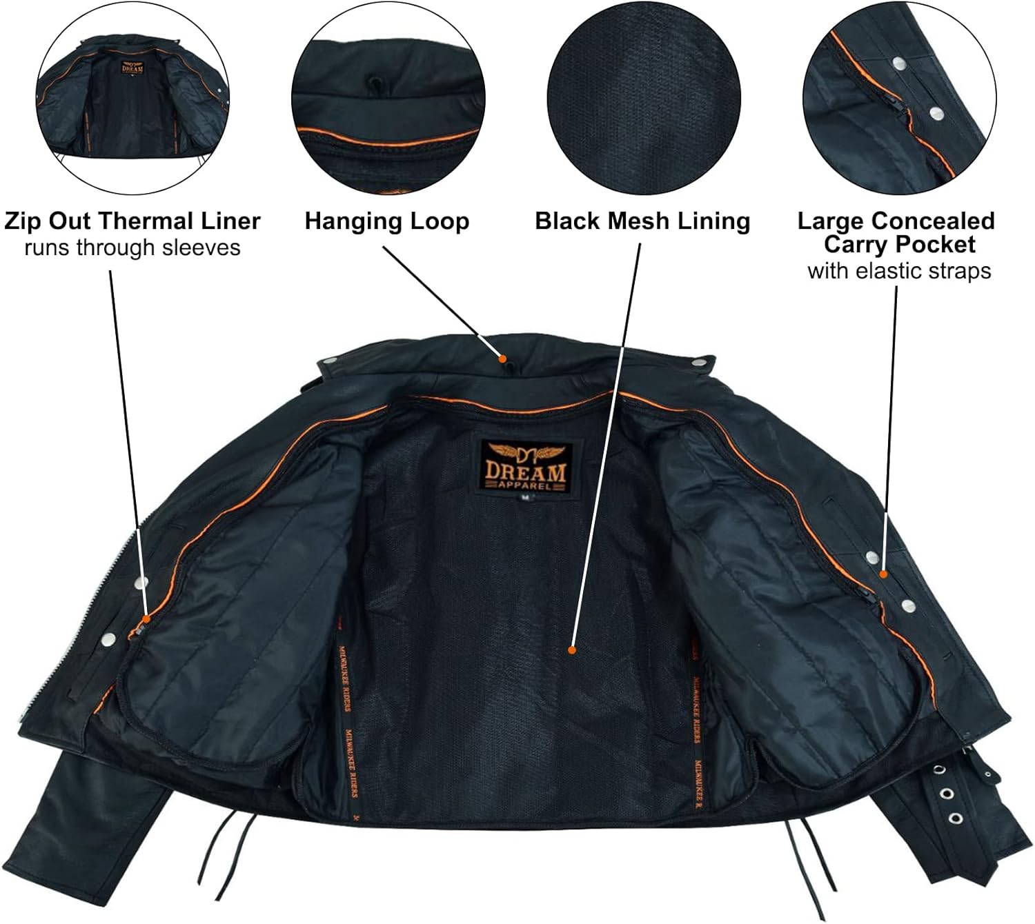 Dream Apparel Women’s Classic Leather Motorcycle Jacket with Zip Out Lining, Biker Jacket for Ladies with Side Laces, Black - Image 4
