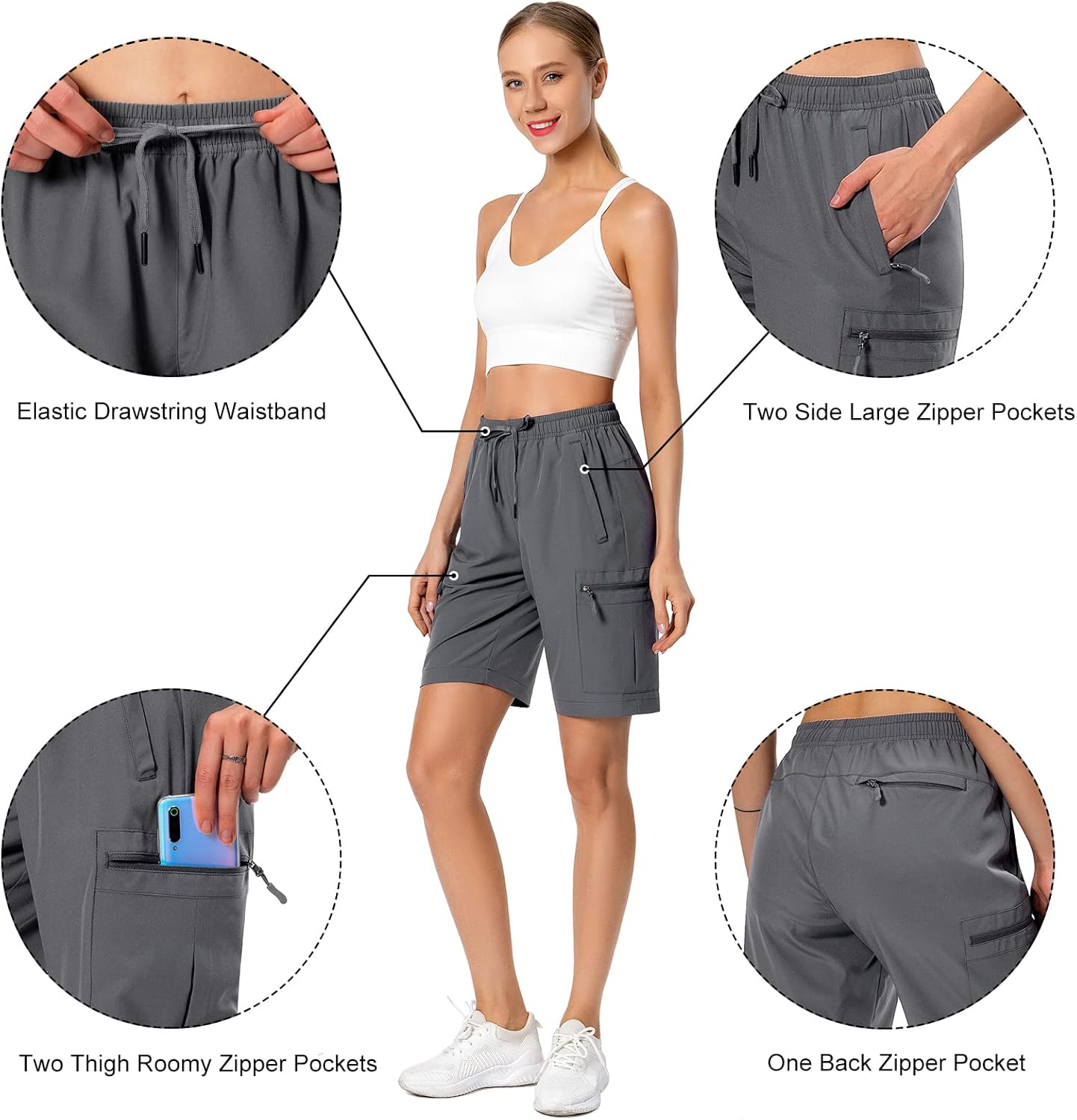 Hugut Women's Lightweight Hiking Cargo Shorts Quick Dry Athletic Shorts Camping Travel Golf Zipper Pockets Water Resistant - Image 6