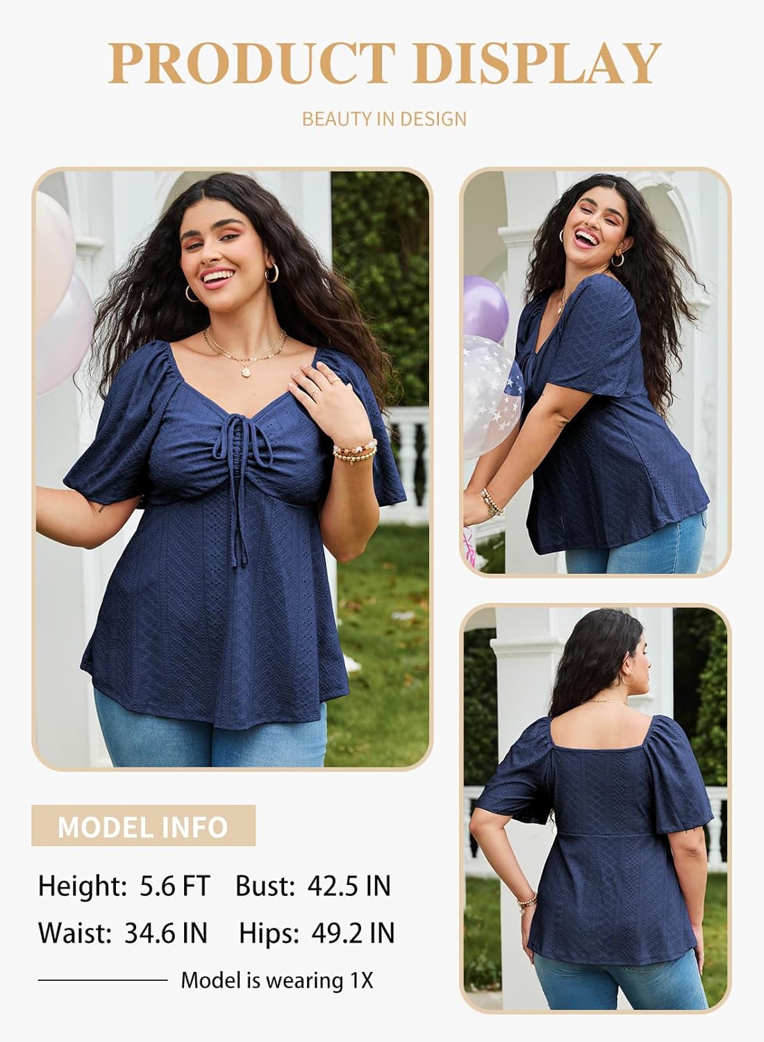 Eytino Womens Plus Size Tops Sweetheart Neck Short Sleeve Eyelet Embroidery Summer Loose Peplum Shirts(1X-5X) - Image 3