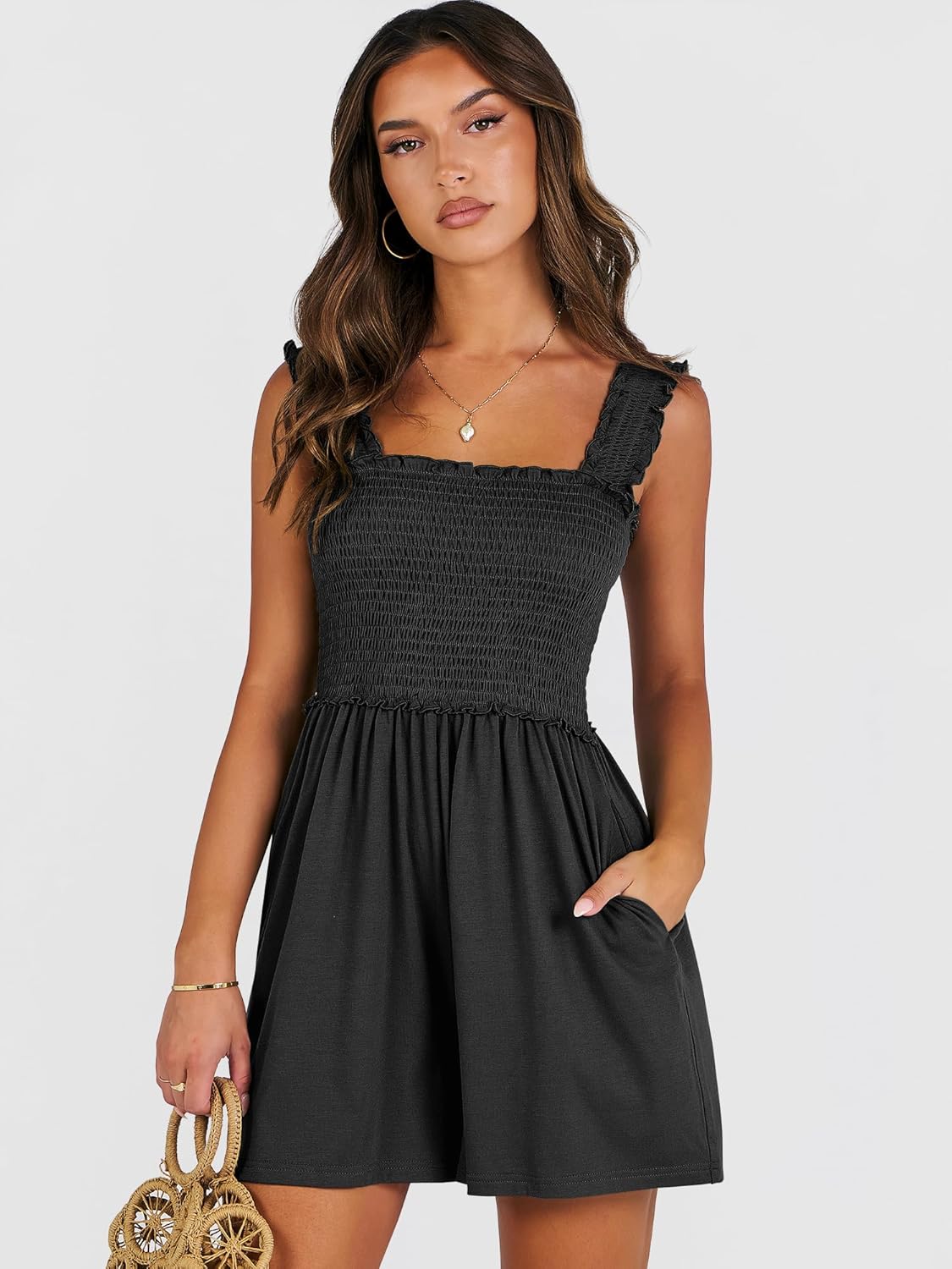 Caracilia Women's Summer Casual Smocked Rompers Square Neck Sleeveless Loose Shorts Jumpsuit 2026 Beach Vacation Outfits - Image 2