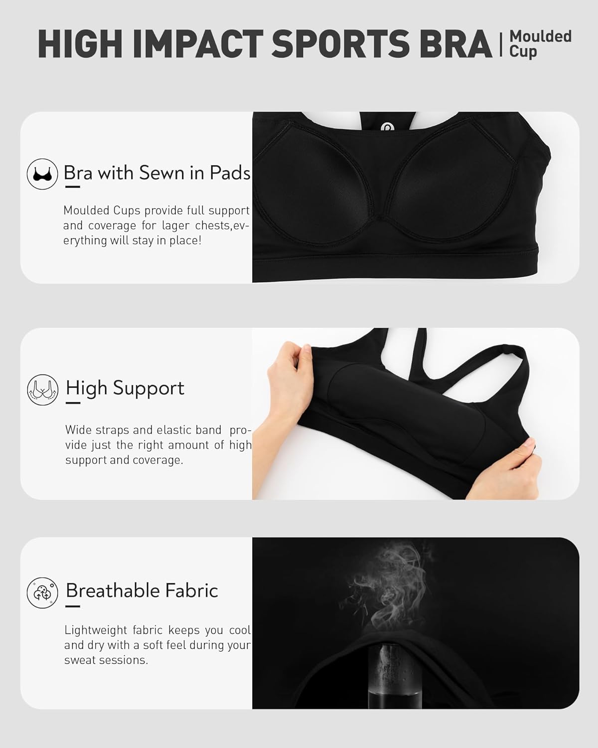 RUNNING GIRL Sports Bras for Women High Support,Racerback High Impact Grey Sports Bra Moulded Cup Workout Bra Push up - Image 2