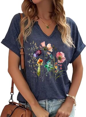 PUCKOLITY Vintage Flowers V Neck Sh...