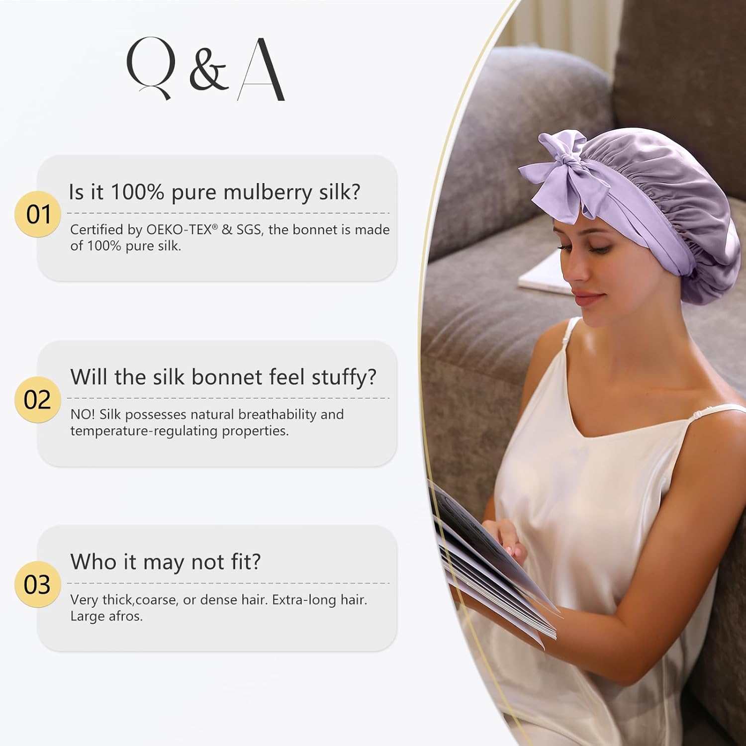 ZIMASILK 100% Mulberry Silk Bonnet for Sleeping Women Long Hair Double Layer Silk Hair Wrap with Tie Band Stay On Head (1Pc, Purple) - Image 7