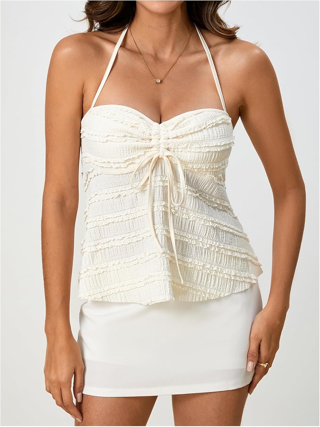 SOLY HUX Women's Peplum Halter Crop Tops Y2K Drawstring Tie Ruched Dressy Casual Spaghetti Strap Cami Top - Image 3