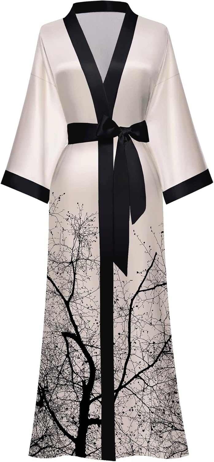 Kihnop Women's Floral Long Kimono Robe Long Satin Robe Long Silk Robe Ladies Kimonos Silky Bathrobe Cover Up, One Size
