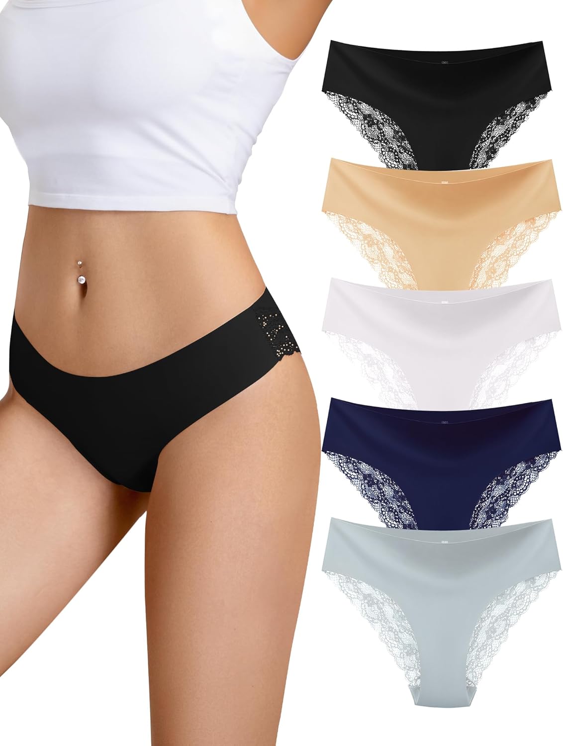 voenxe Lace Bikini Underwear for Women,Ladies Lacy Trim Brief,Hipster Panty,Comfortable Panties,Soft Multipack Undies,5 Pack