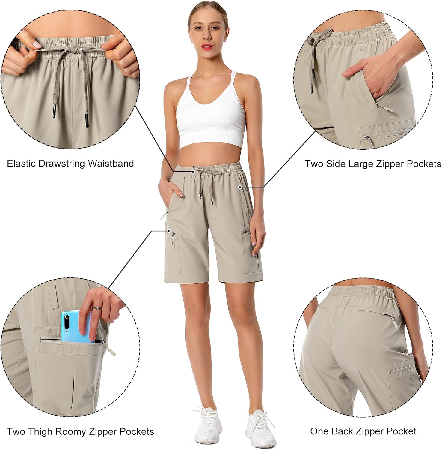 Hugut Women's Lightweight Hiking Cargo Shorts Quick Dry Athletic Shorts Camping Travel Golf Zipper Pockets Water Resistant - Image 6