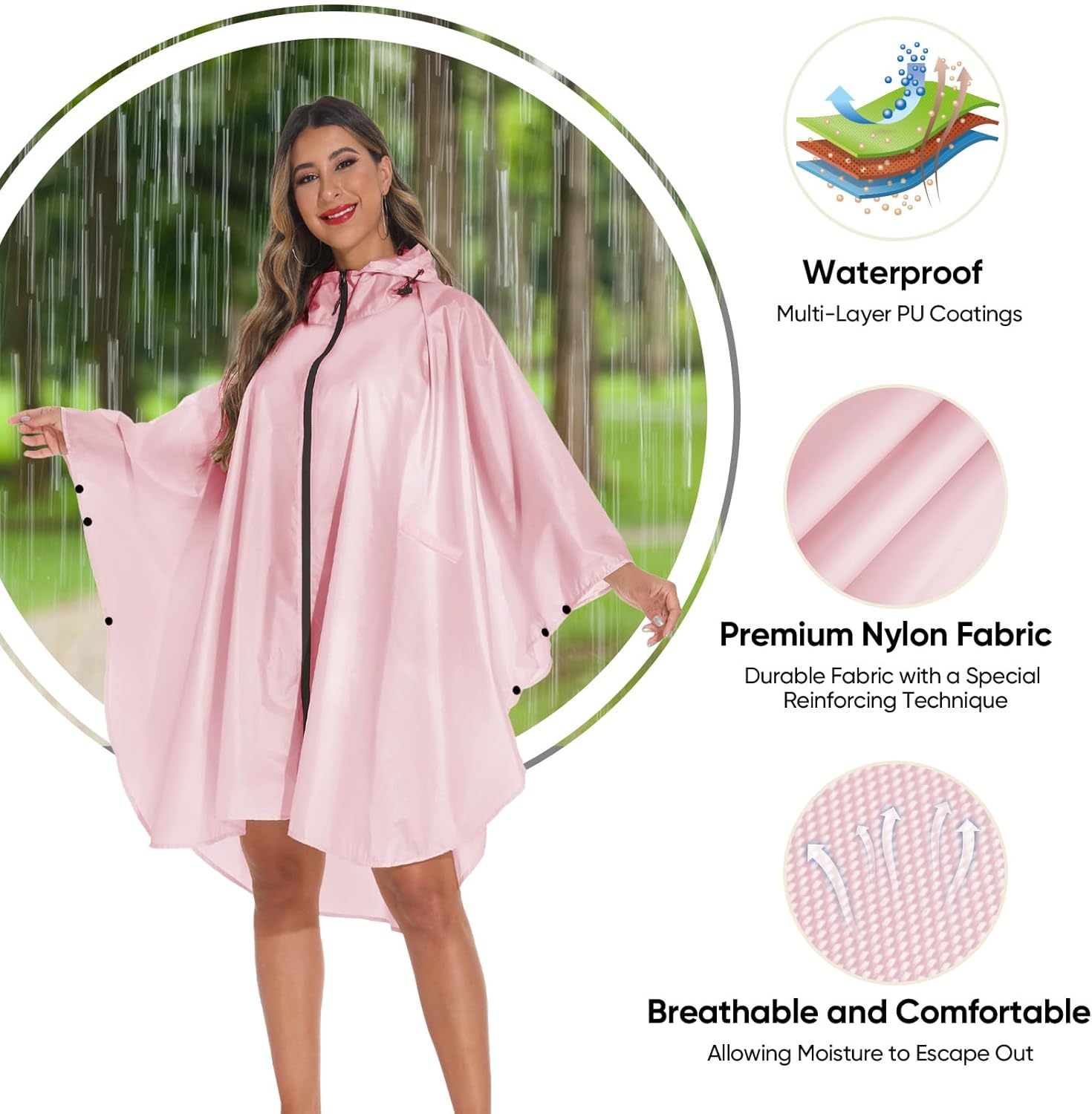 PTEROMY Hooded Rain Poncho for Adult with Pocket and Zipper, Waterproof Lightweight Raincoat for Men and Women - Image 4