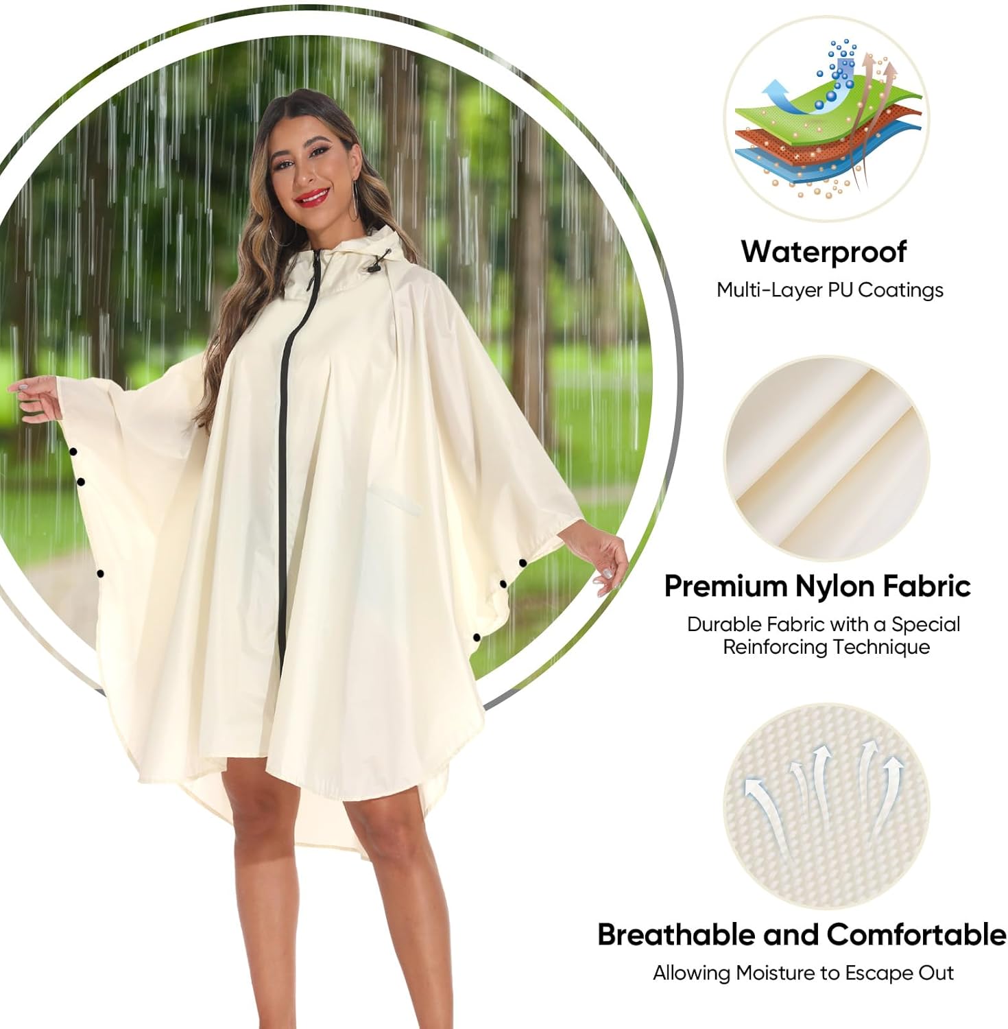 PTEROMY Hooded Rain Poncho for Adult with Pocket and Zipper, Waterproof Lightweight Raincoat for Men and Women - Image 4