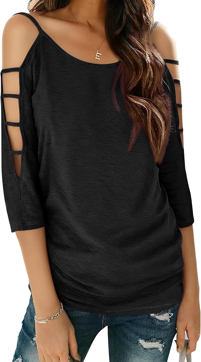 Jar of Love Women's Cold Shoulder Tops 3/4 Sleeve Sexy Going Out T-Shirts for Women Casual Tunic Tops - Image 3