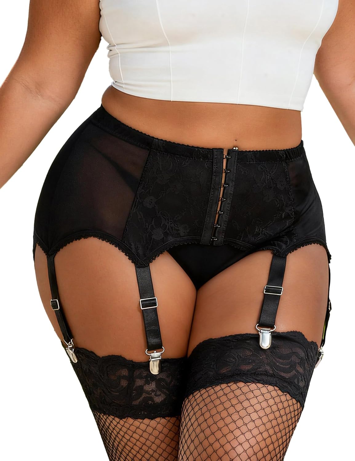 ohyeah High-Waisted Garter Belt Plus Size- Lace Mesh Suspenders Belt with 6 Metal Clip for Thigh Highs Garter Stockings