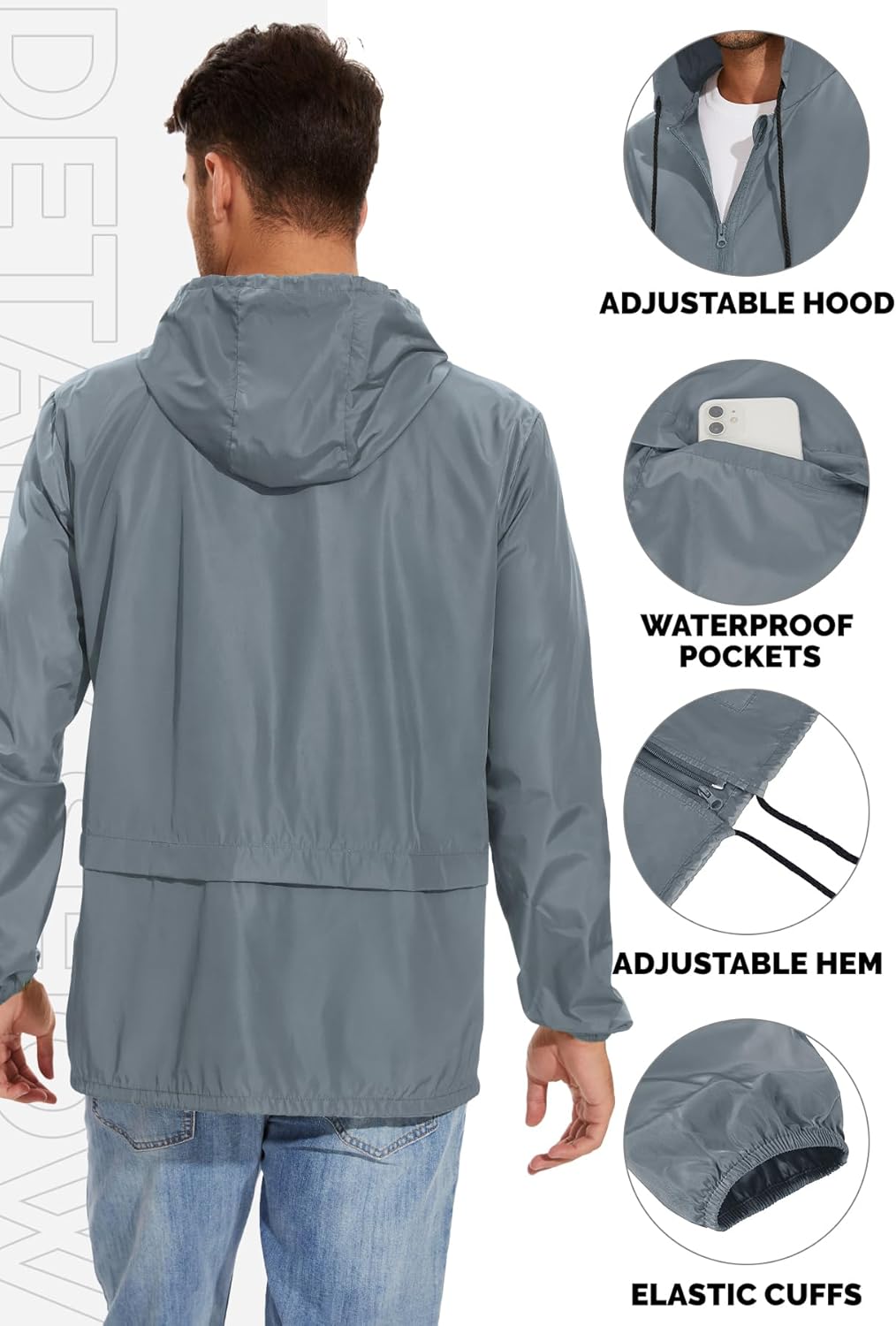 Zando Packable Mens Rain Jacket Lightweight Raincoat Waterproof with Hood Outdoor Windbreaker Jacket Travel Rain Jackets - Image 4