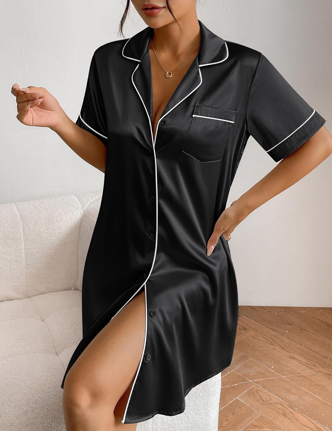 Ekouaer Women's Satin Nightshirt Button Down Sleepshirt Silk Short Sleeve Nightgown Boyfriend Notch Collar Sleepwear - Image 3