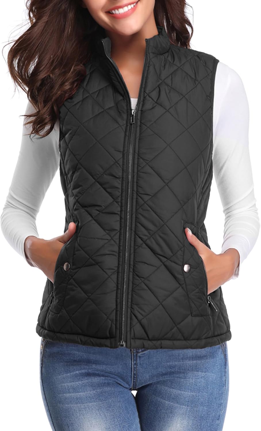 Fuinloth Women's Lightweight Warm Puffer Quilted Vest - 4-Pockets Stand Collar Zip Gilet, Fall Winter Outerwear
