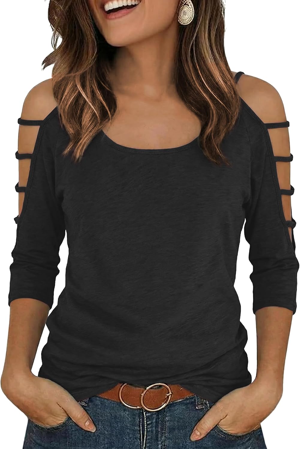 Jar of Love Women's Cold Shoulder Tops 3/4 Sleeve Sexy Going Out T-Shirts for Women Casual Tunic Tops - Image 2