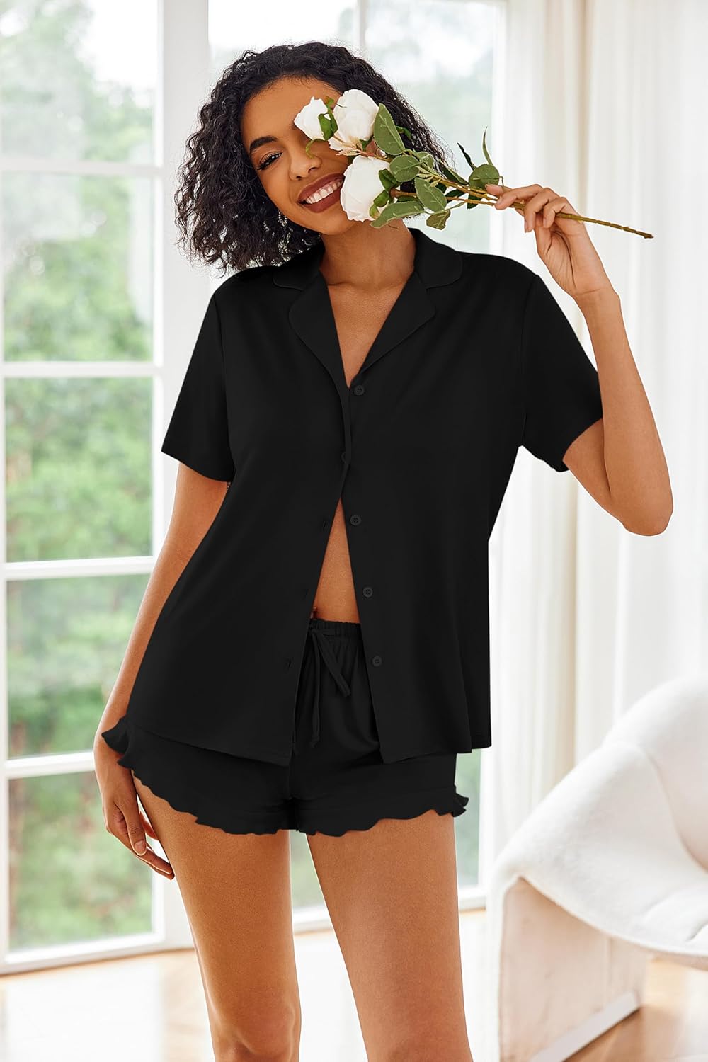 Ekouaer Pajamas Set for Women Short Sleeve Sleepwear Button Down Pjs Lounge Sets Soft Nightwear - Image 2