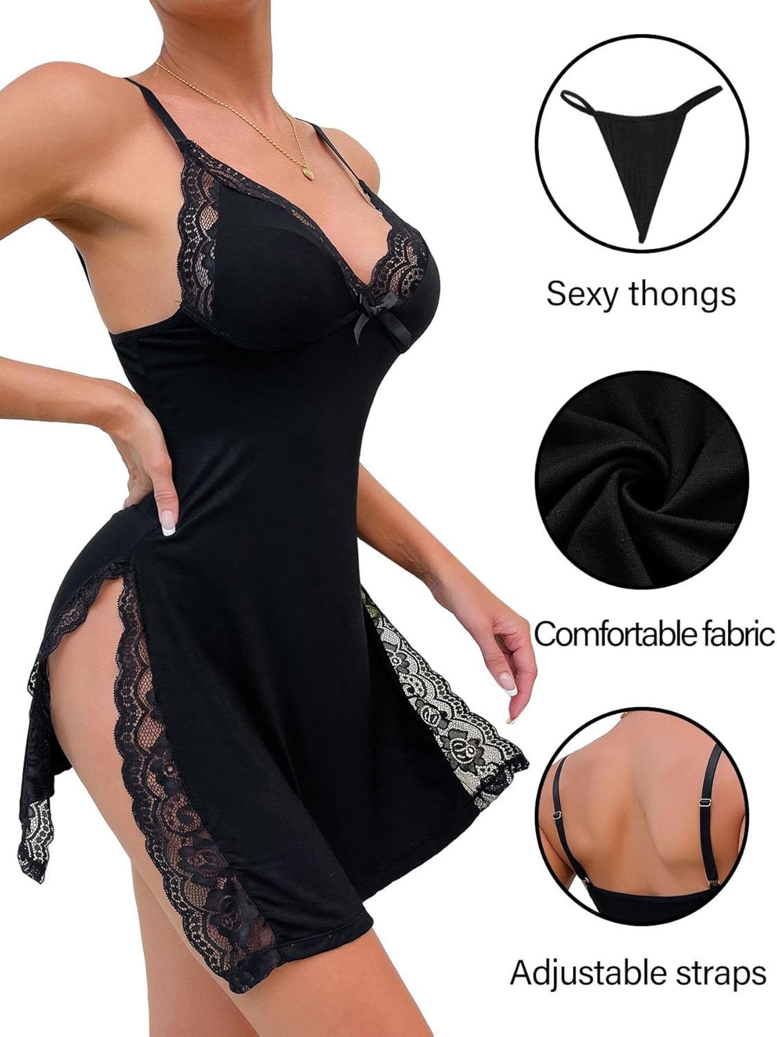 Foxiny Sexy Split Side Floral Lace Trim Full Slip Night Gown Babydoll Lingerie Dress with Thong 2 piece - Image 2