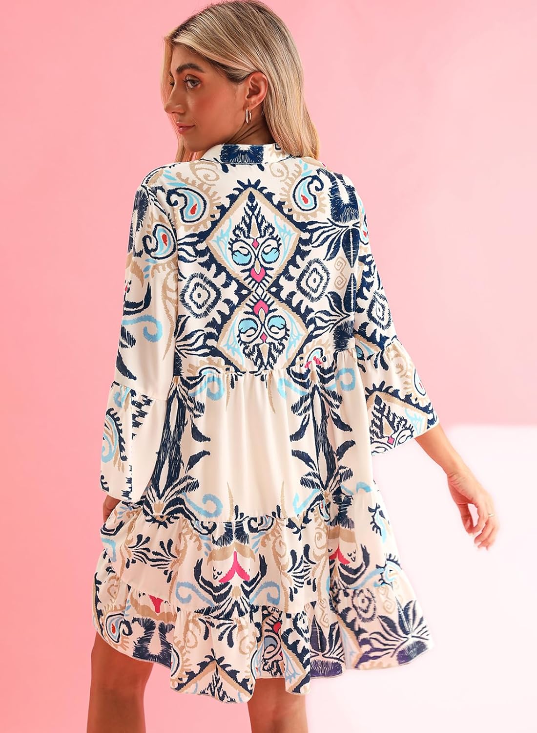 miduo Womens Summer Dress Casual V Neck Buttoned 3/4 Sleeve Bohemian Tribal Print Flowy Mini Dresses - Image 5