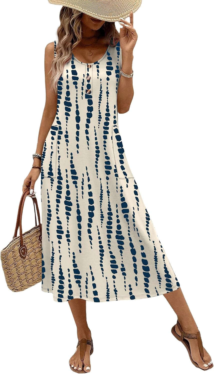 OFEEFAN Maxi Dress Sleeveless Casual Summer Dresses for Women 2026 Decorative Button Down Sundresses with Pockets