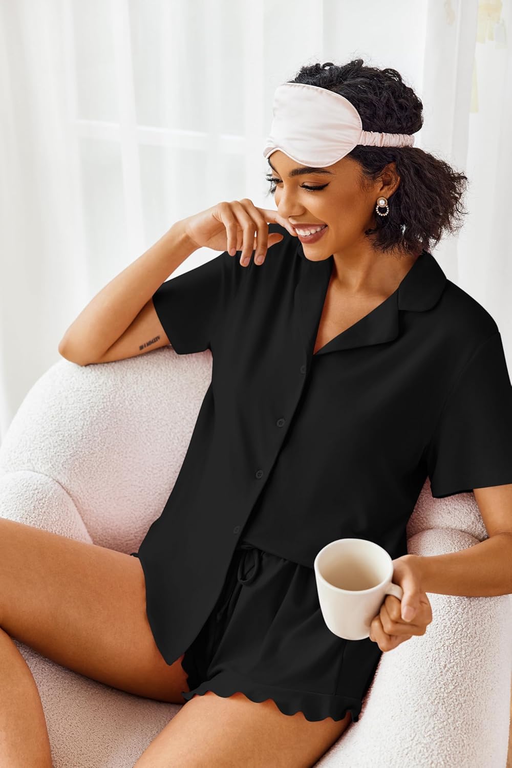 Ekouaer Pajamas Set for Women Short Sleeve Sleepwear Button Down Pjs Lounge Sets Soft Nightwear - Image 3