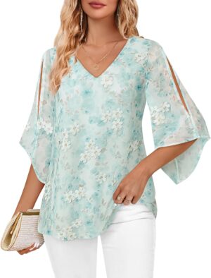Bebonnie Womens Ruffle 3/4 Sleeve V...