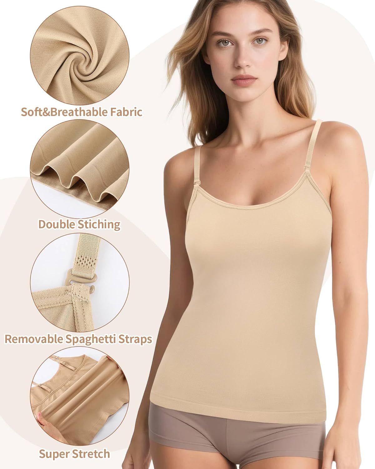 iMucci Camisole Tops for Women Nude Tank Top Double Lined Scoop Neck Spaghetti Strap Tank Top with Adjustable Clear Straps - Image 6