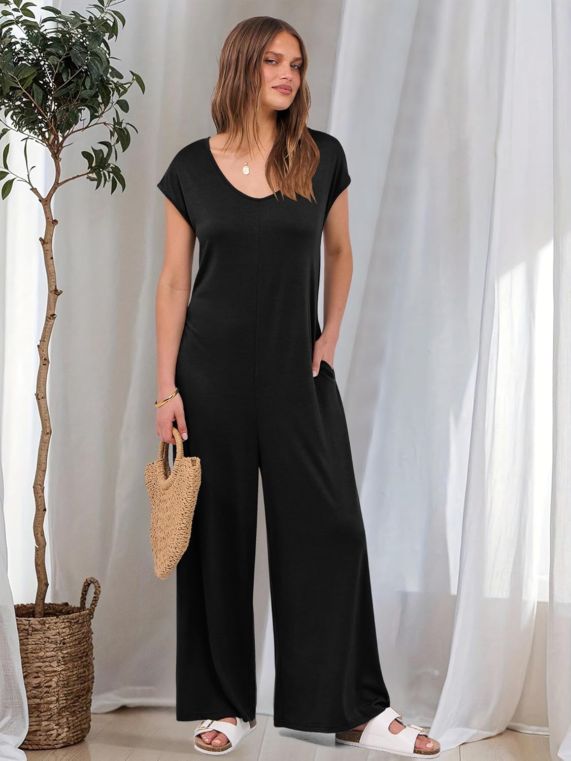 ANRABESS Jumpsuits for Women 2026 Summer Casual Loose Cap Sleeve Crewneck Wide Leg Rompers Jumper One Piece Beach Outfits - Image 5