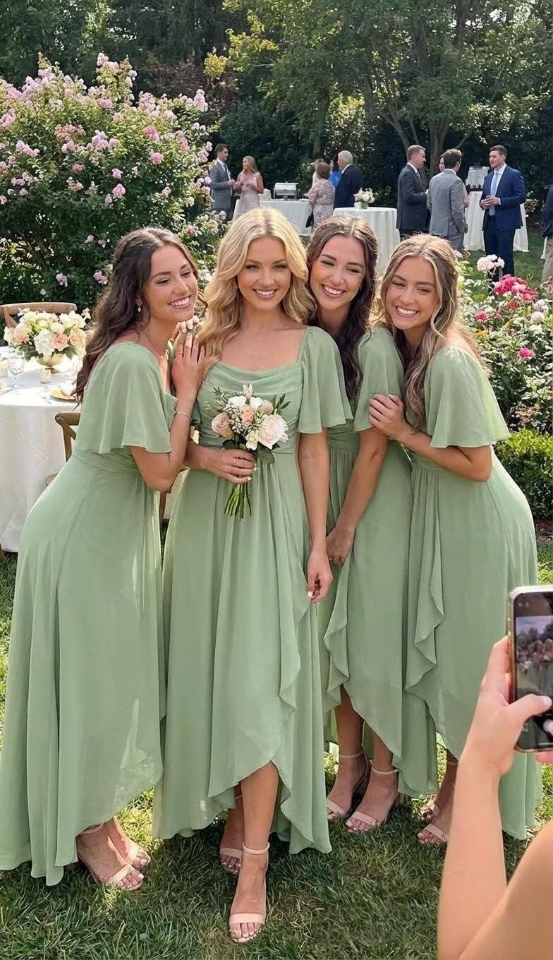Chiffon A Line Bridesmaid Dresses for Women Flutter Sleeve Long Formal Evening Dress with Slit - Image 6
