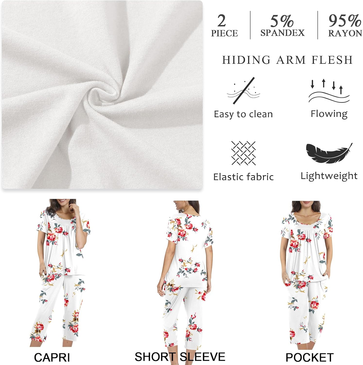 POPYOUNG Womens Pajama Sets Summer Ladies Pjs 2 Piece Loungewear Capri with Pockets Sleepwear - Image 4